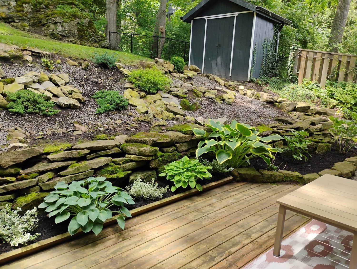 Natural stone retaining wall and terraced garden built by Lakeside Landscape & Renovations in Grimsby, Ontario